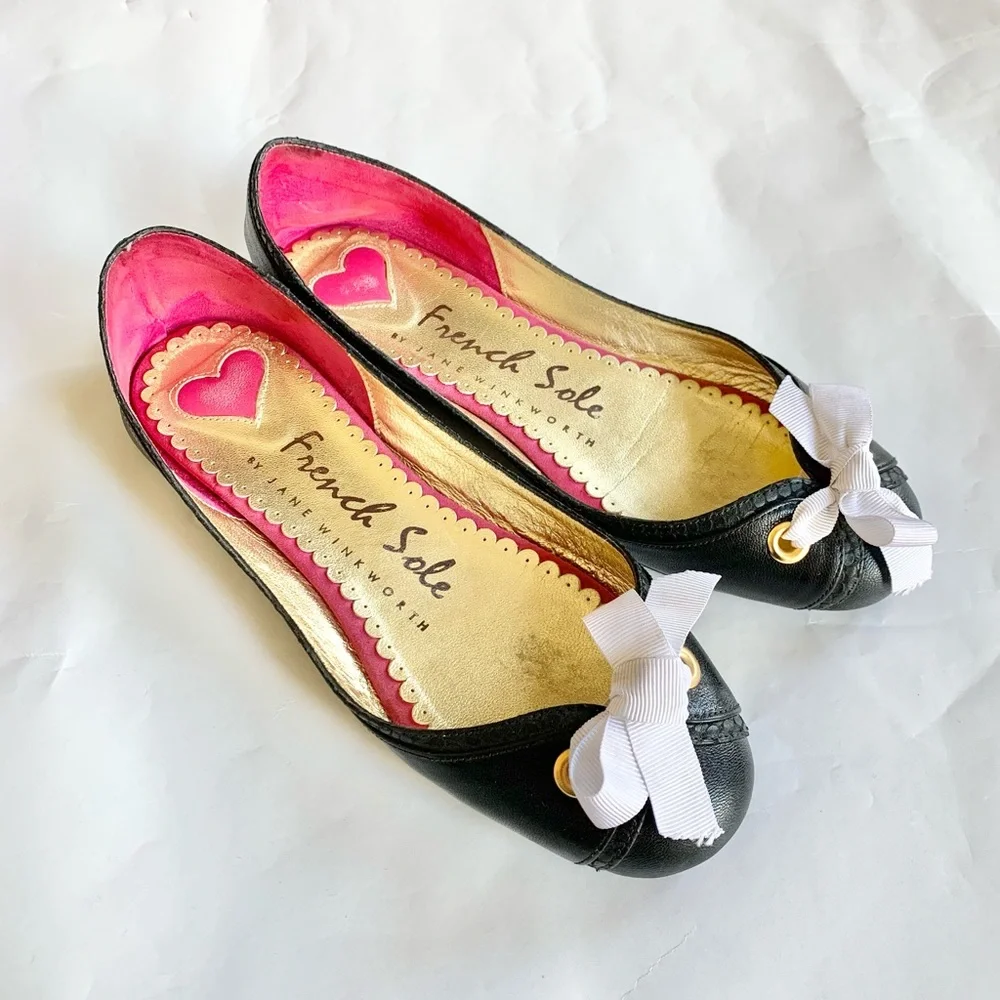 FRENCH SOLE Valentine Black Leather Flats - Picture 1 of 7